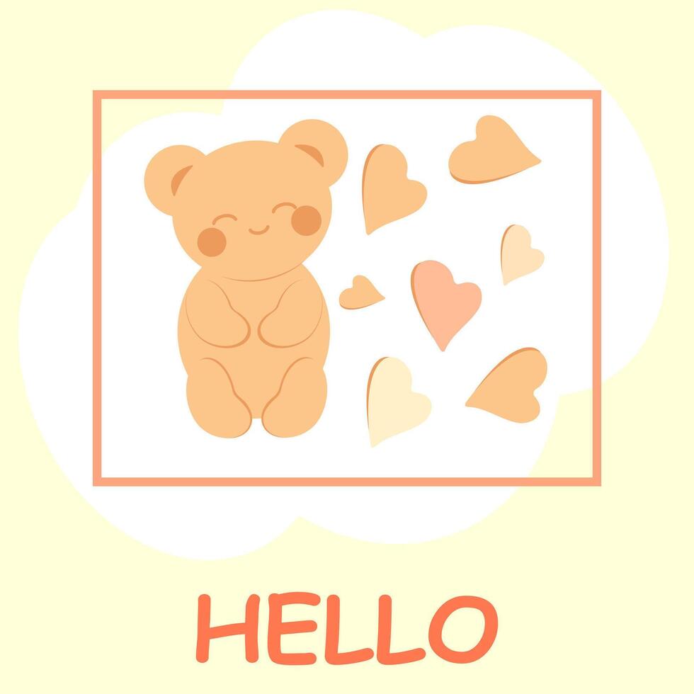 süß heiter Teddy Bär im kawaii Stil mit Herzen und das Inschrift Hallo. minimalistisch Universal- Karte. vektor