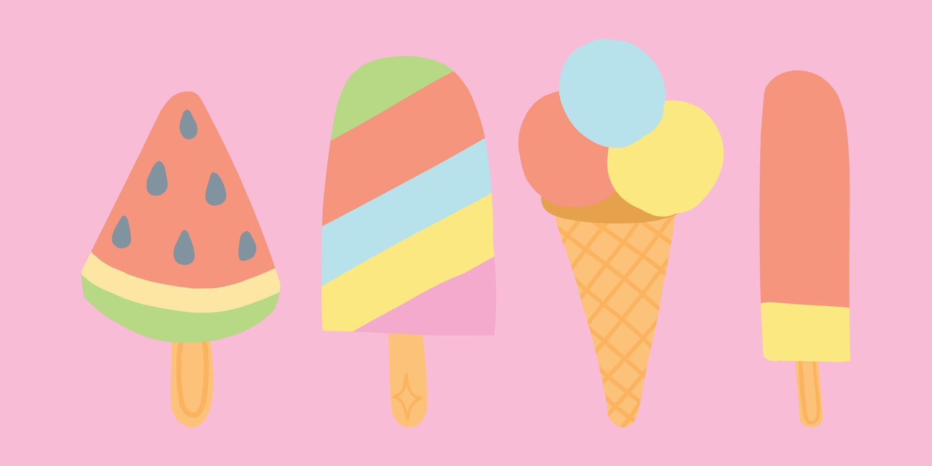 blandad platt design is krämer och is grädde koner på en pastell rosa bakgrund. inkluderar vattenmelon skiva, färgrik randig is grädde, och Mer. vektor