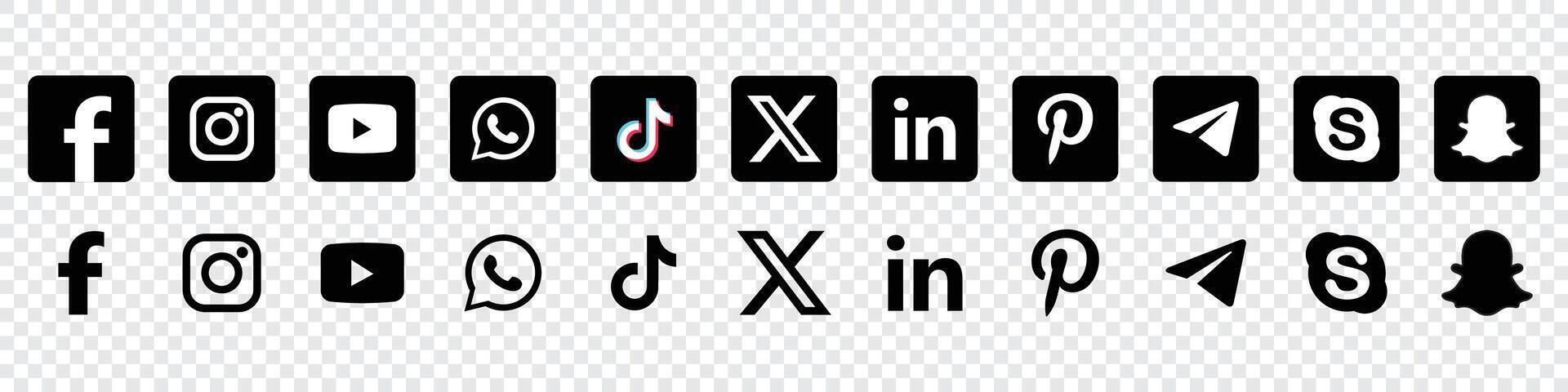 Sozial Medien Symbole. schwarz farbig Sozial Medien Logo Sammlung. einstellen Beliebt Sozial Medien Symbole. Facebook, instagram, Youtube, Tick Tack, WhatsApp, x und Mehr vektor