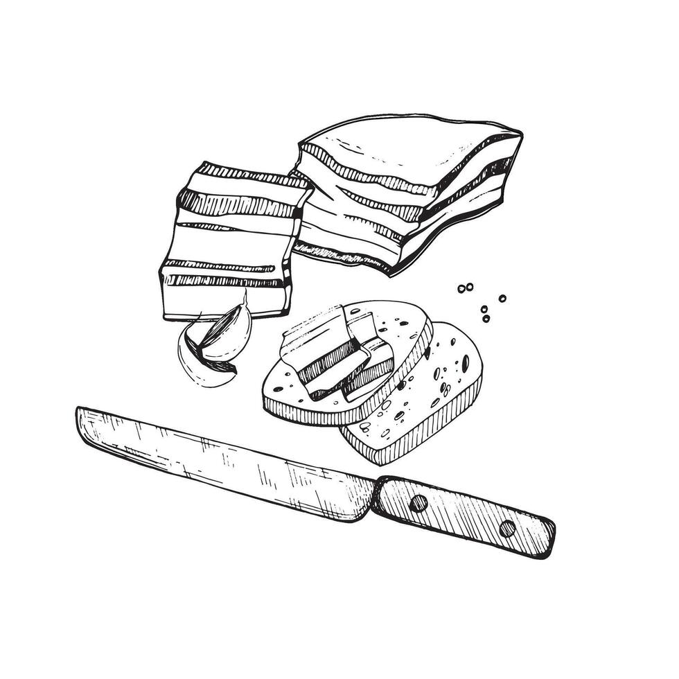 Illustration. Komposition. Schmalz, ein Stück von Schmalz mit brot, Nelken von Knoblauch, Pfefferkörner, ein Fleisch Messer. alle Objekte sind gezeichnet im im schwarz. zum Drucken auf Papier, Menüs, Rezepte vektor