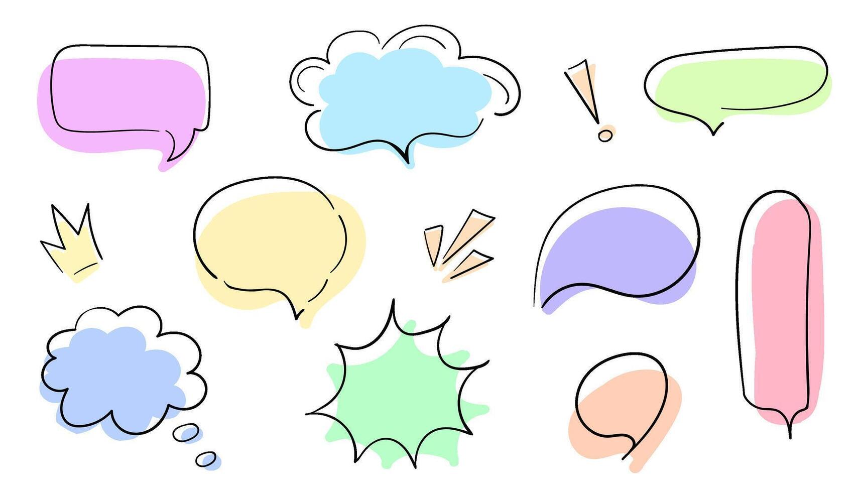 uppsättning av Tal bubblor med stil klotter och hand dragen med färgad bakgrund. bubblor för text och Tal. isolerat objekt på en vit bakgrund. illustration vektor