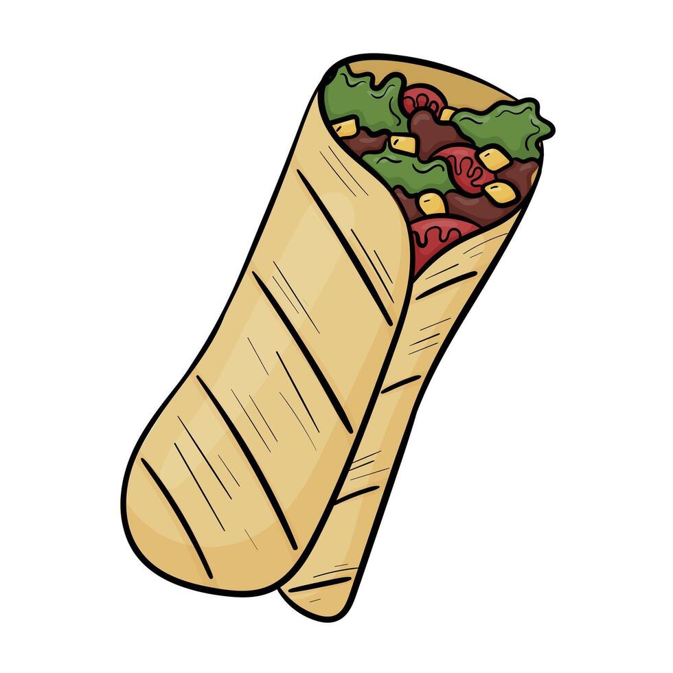 klotter illustration av mexikansk mat, tortilla burrito isolerat på vit. vektor