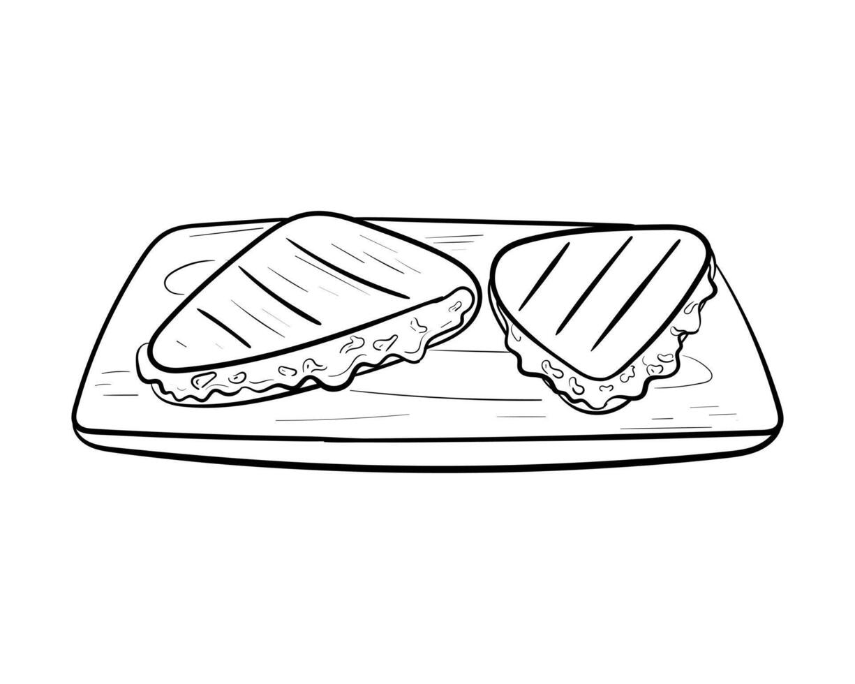 Gekritzel Illustration von Quesadilla auf hölzern Planke, Mexikaner würzig Essen isoliert auf Weiß. vektor