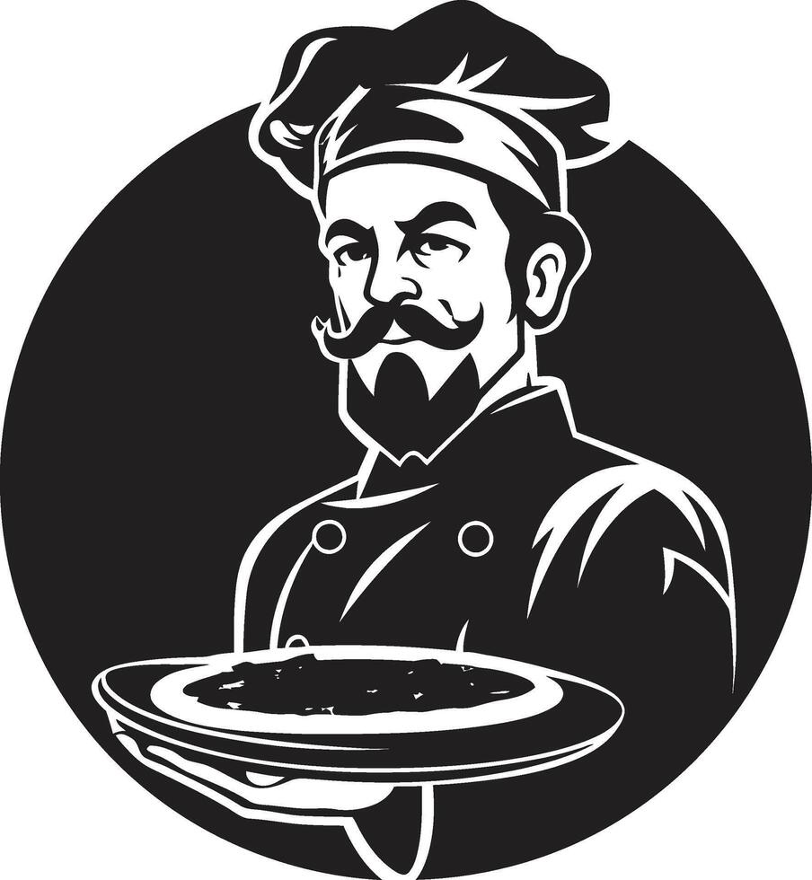 kulinariska konst emblem eleganta logotyp med invecklad pizza kock välsmakande skiva släpptes loss mörk ikon illustration för modern branding vektor