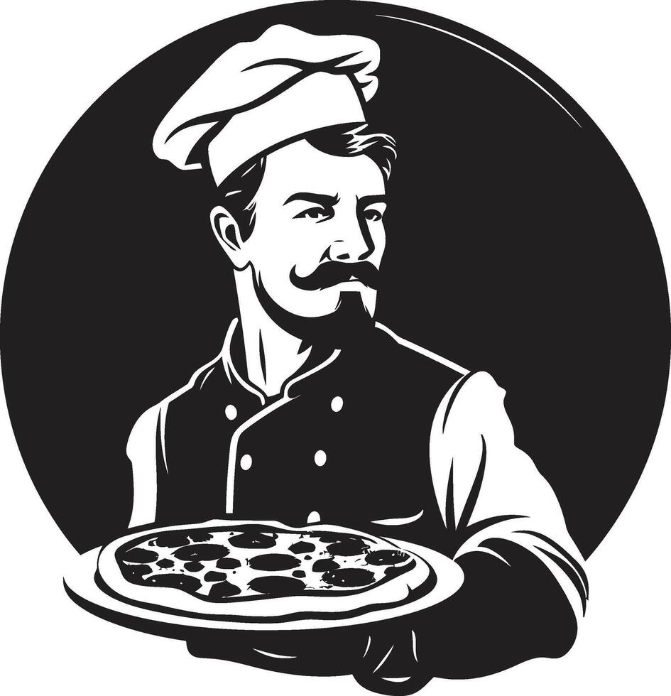 handwerklich Pizzaiolo schick schwarz Symbol zum ein fesselnd Pizzeria aussehen Peperoni Leidenschaft glatt Illustration mit stilvoll Pizza Koch Hut vektor
