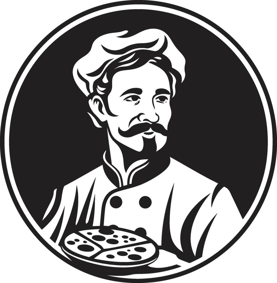 lecker Koch glatt schwarz Logo mit Pizza Silhouette Gourmet Kuchen Schöpfer zeitgenössisch Emblem vektor