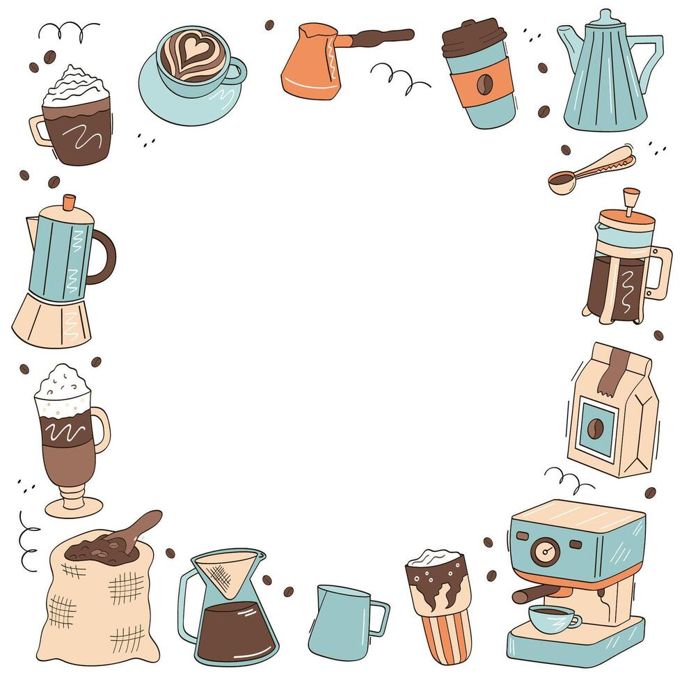 Kaffee Gekritzel Symbole rahmen. Kaffee, Kaffee Topf, Kaffee Maschine, Tasche von Bohnen, Latté, Cappuccino, Glas. vektor