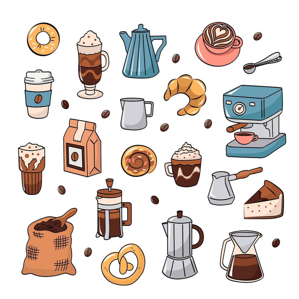 kaffe samling, annorlunda kaffe element. söt tecknad serie ikoner i klotter stil. illustration för bageri eller kaffe hus. vektor