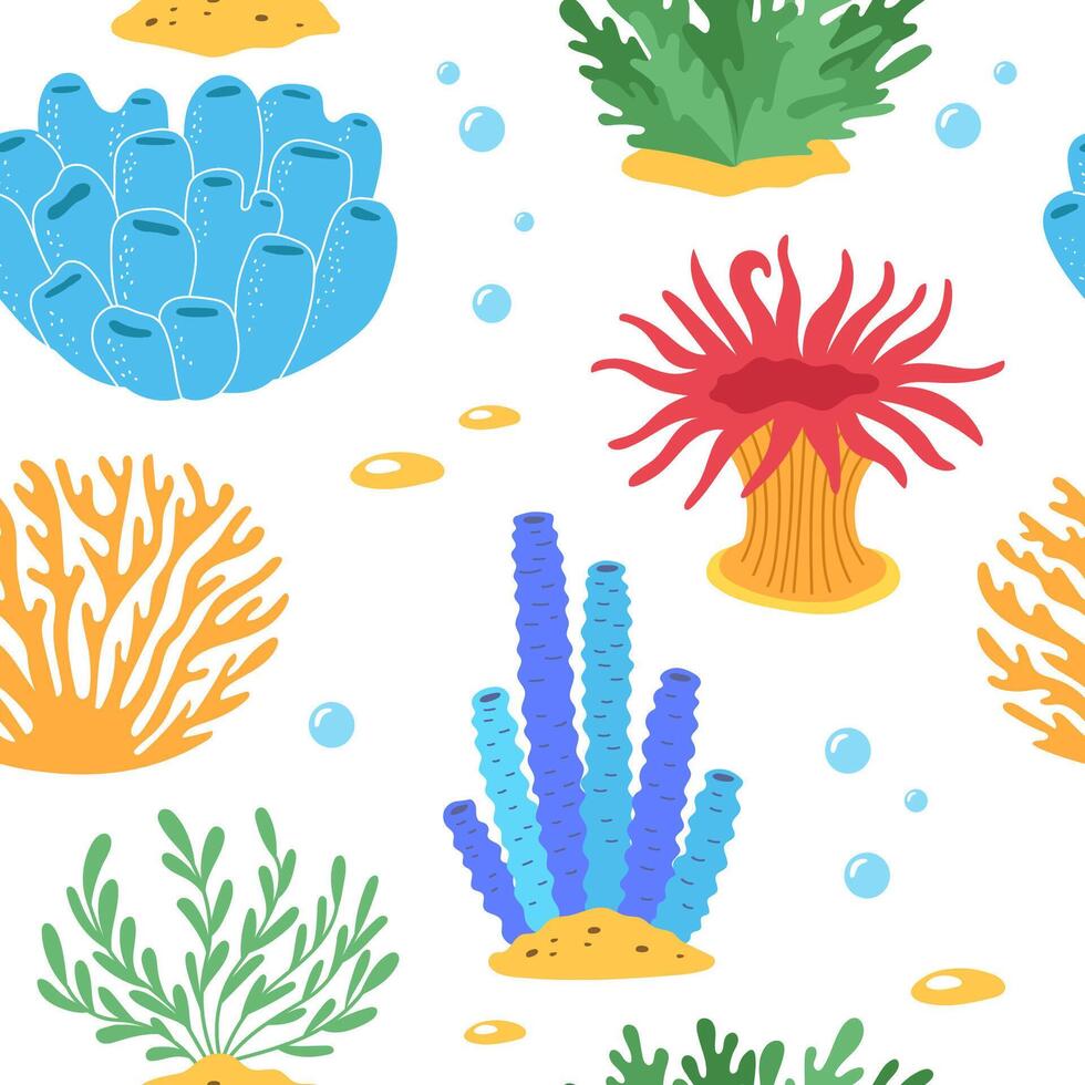 Koralle und Ozean Pflanzen nahtlos Muster. unter Wasser Flora und Seetang. Wasser- Anlage, tropisch Meeresboden Elemente Hintergrund zum Textil, Verpackung. vektor