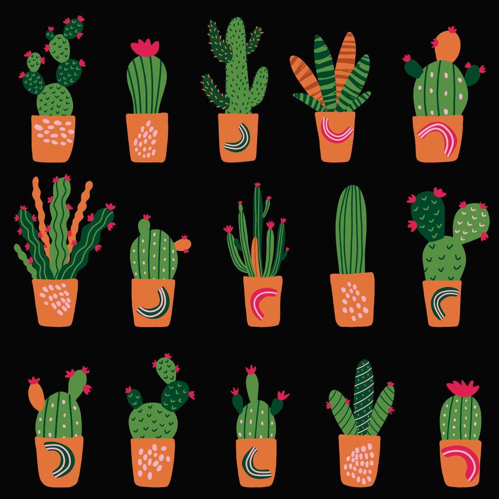 nahtlos Muster mit anders Kaktus im Töpfe. hell wiederholt Textur mit Grün Kakteen. Hand Zeichnung natürlich schwarz Hintergrund mit Wüste Pflanzen zum Stoff, Textil, Verpackung Papier. vektor