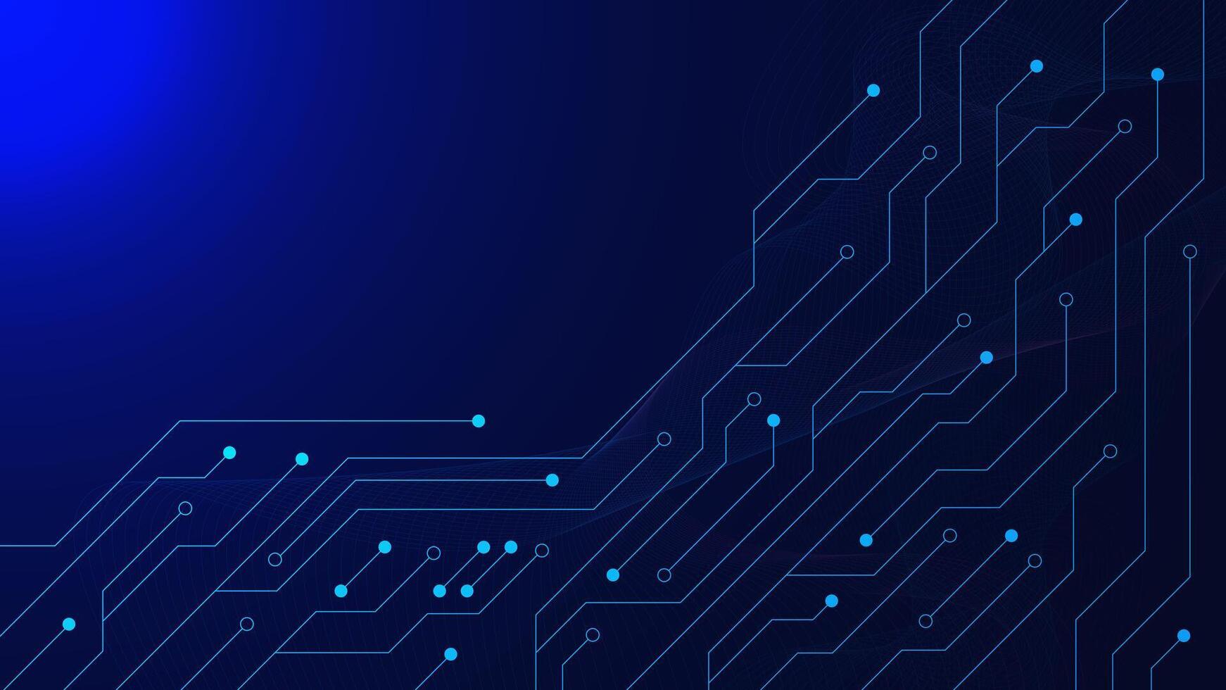 modern teknologi krets styrelse. abstrakt scifi pcb spår data överföra med Vinka strömma på mörk blå vektor