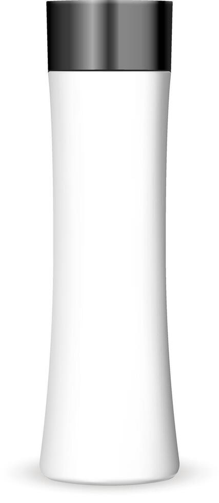 trendig form kosmetika flaska attrapp i vit Färg med svart lock. premie plast paket för grädde, schampo, dusch gel isolerat på vit bakgrund. hq 3d illustration. vektor