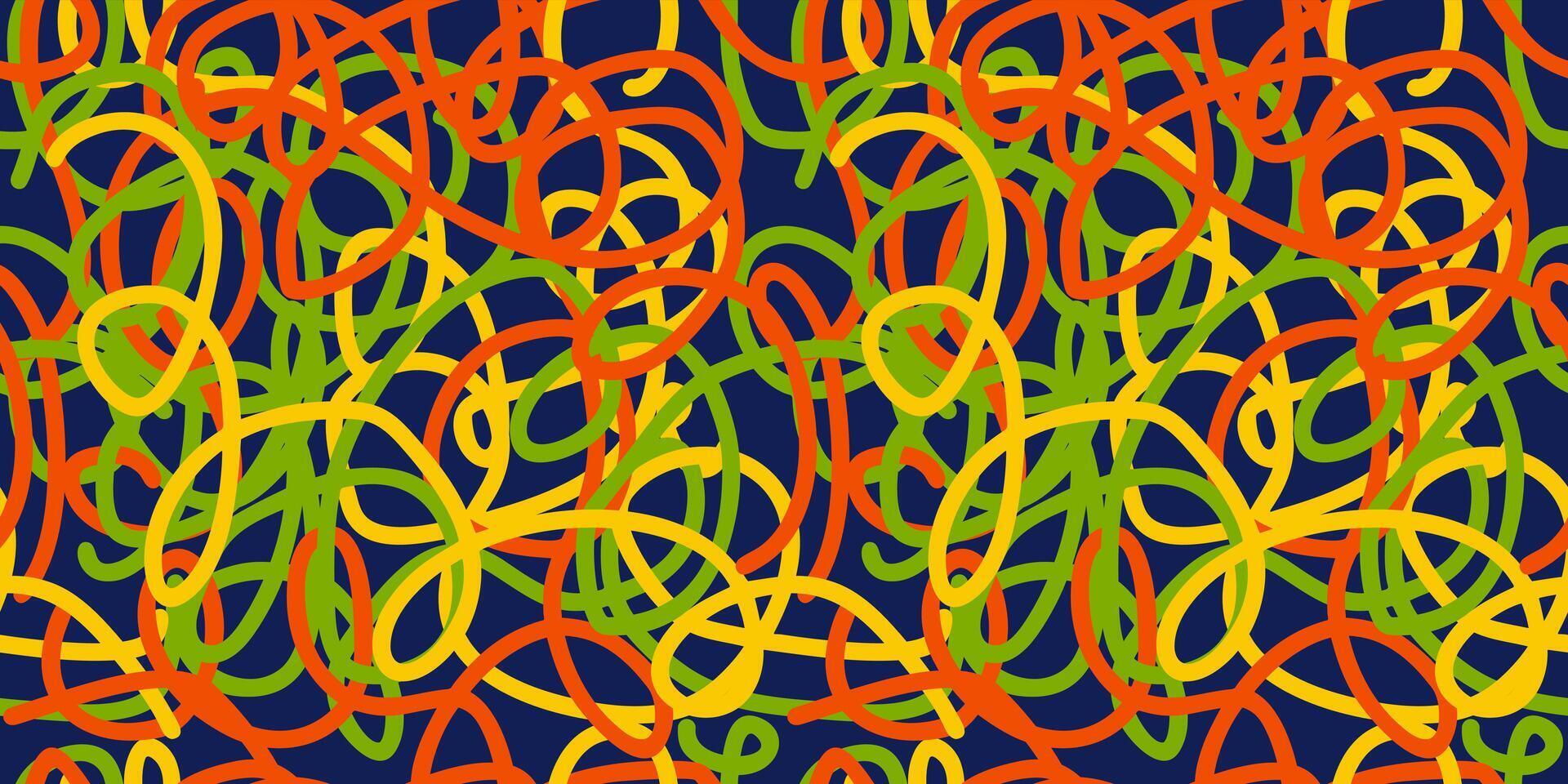 nahtlos abstrakt Muster mit bunt lockig Linien auf dunkel Blau Hintergrund vektor