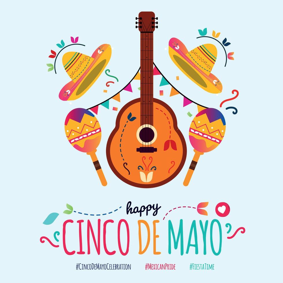 cinco de Mayonnaise. cinco de Mayo Feier Post mit bunt Mexikaner traditionell Hut, Gitarre, Marakas, hängend Dekorationen Elemente. 5 kann cinco de Mayo Gruß Karte vektor