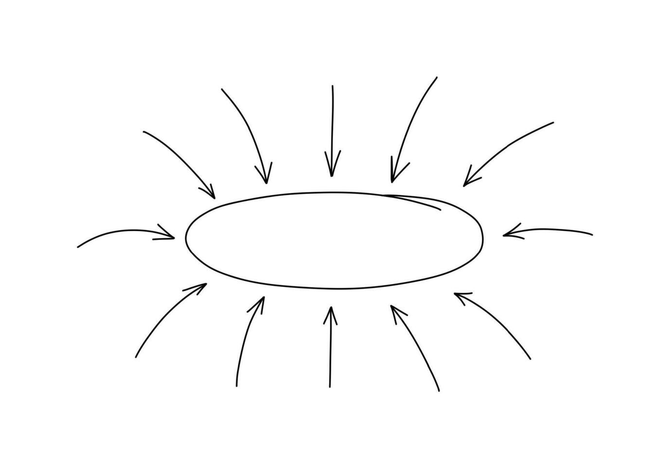 dünn Linie Oval Markieren mit Pfeile zeigen zu Center. schwarz Linie Illustration isoliert auf Weiß Hintergrund. vektor