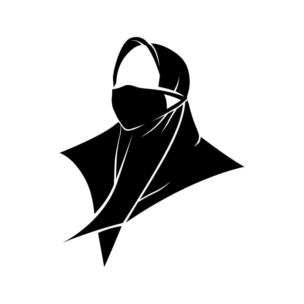 kvinna som bär en hijab bär en mask illustration isolerade. svart och vit symbol siluett vektor