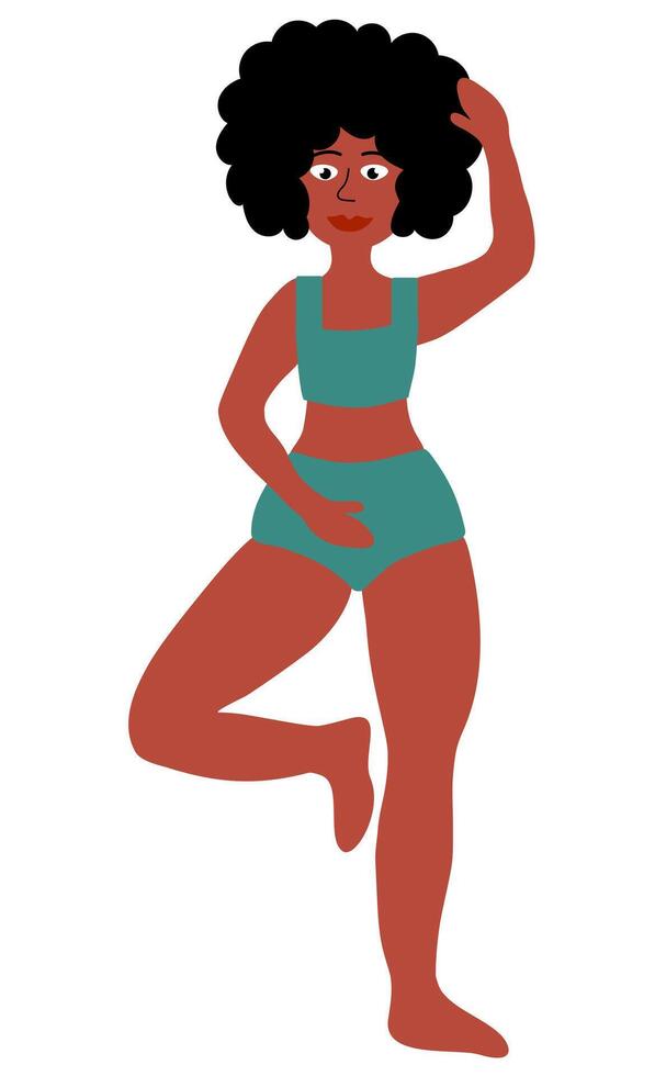 Körper positiv Konzept. schwarz Plus Größe Frau Stehen im Pose Yoga. Mädchen im Grün Badeanzug. Karikatur eben Illustration. vektor