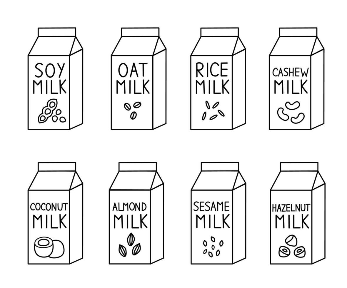 vegan Milch Satz. Mandel, Soja, Reis, Kokosnuss, Cashew, Hafer, Mandel, Sesam, Haselnuss. Box Karton Verpackung. Umriss, Gekritzel, Linie Kunst Stil. Sammlung von eben Illustration. vektor