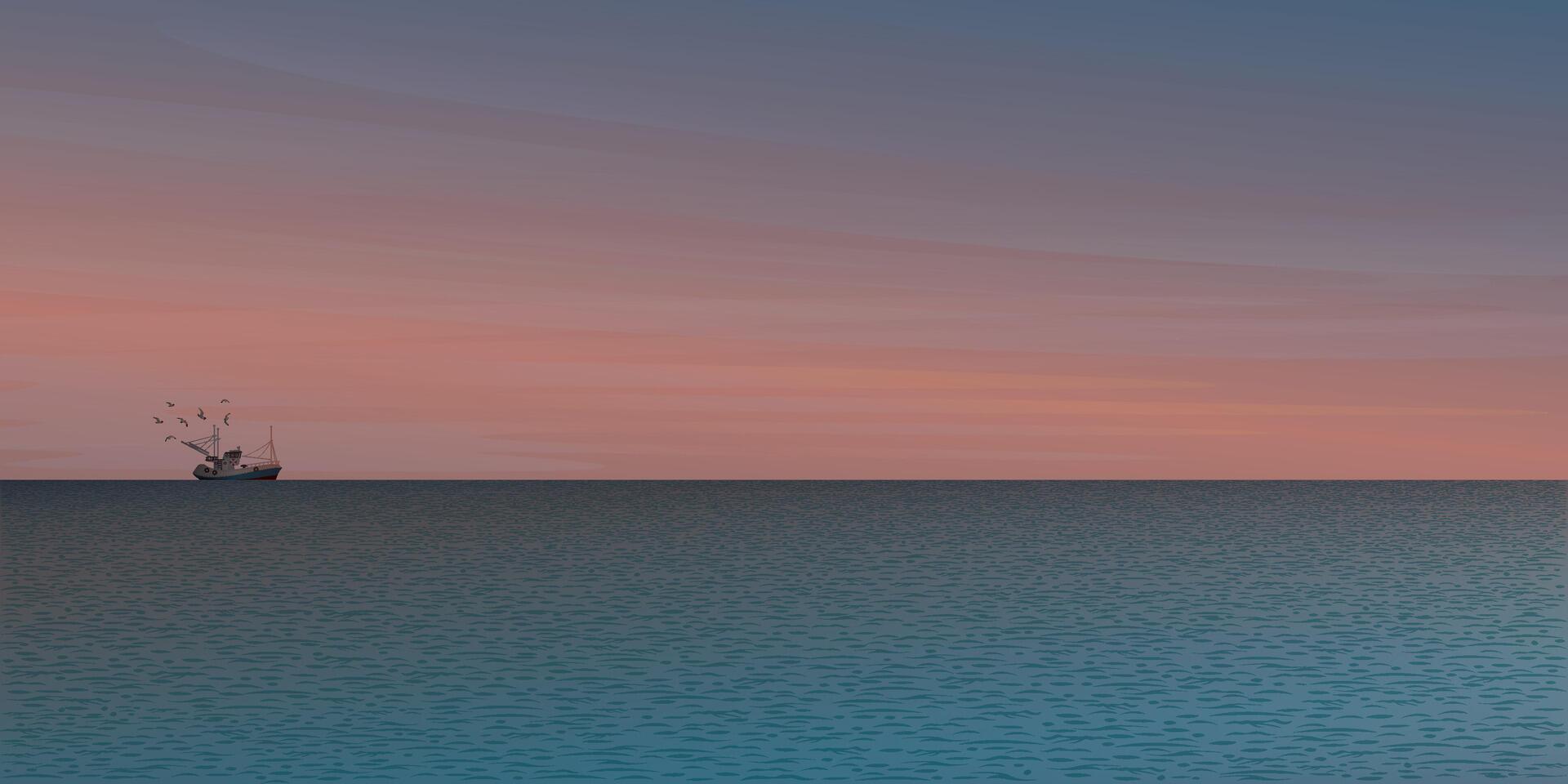Seelandschaft mit Angeln Boot gefolgt durch Möwen beim Horizont Illustration haben dramatisch Himmel Hintergrund. Sonnenuntergang beim tropisch Blau Meer Konzept. vektor