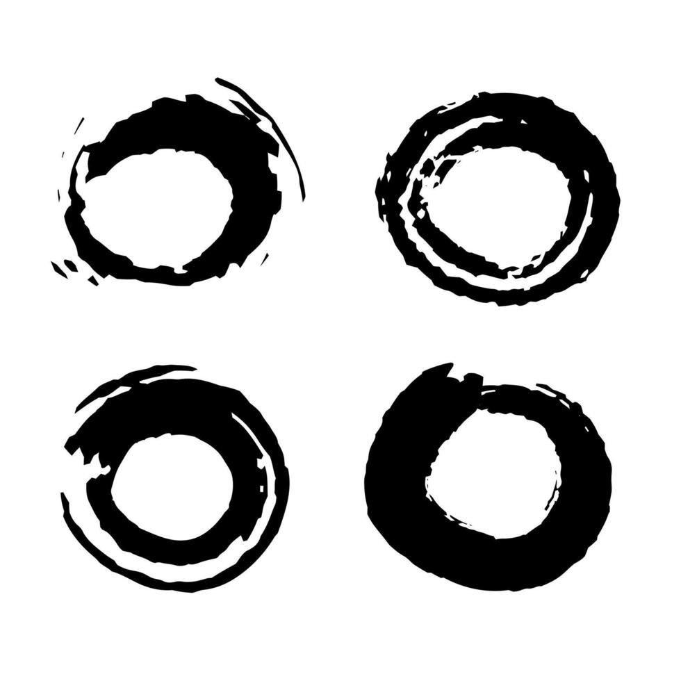 einstellen von Kreise Grunge schwarz Grenzen isoliert auf Weiß Hintergrund. ein Gruppe von Etiketten mit uneben Rau Kanten gezeichnet mit ein Tinte Bürste. Design Elemente, 4 Kreis Rahmen. Grunge Grenzen vektor