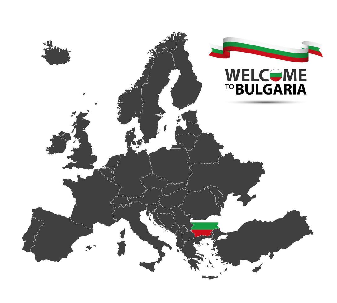 illustration av en Karta av Europa med de stat av bulgarien i de utseende av de bulgarian flagga och bulgarian band isolerat på en vit bakgrund vektor