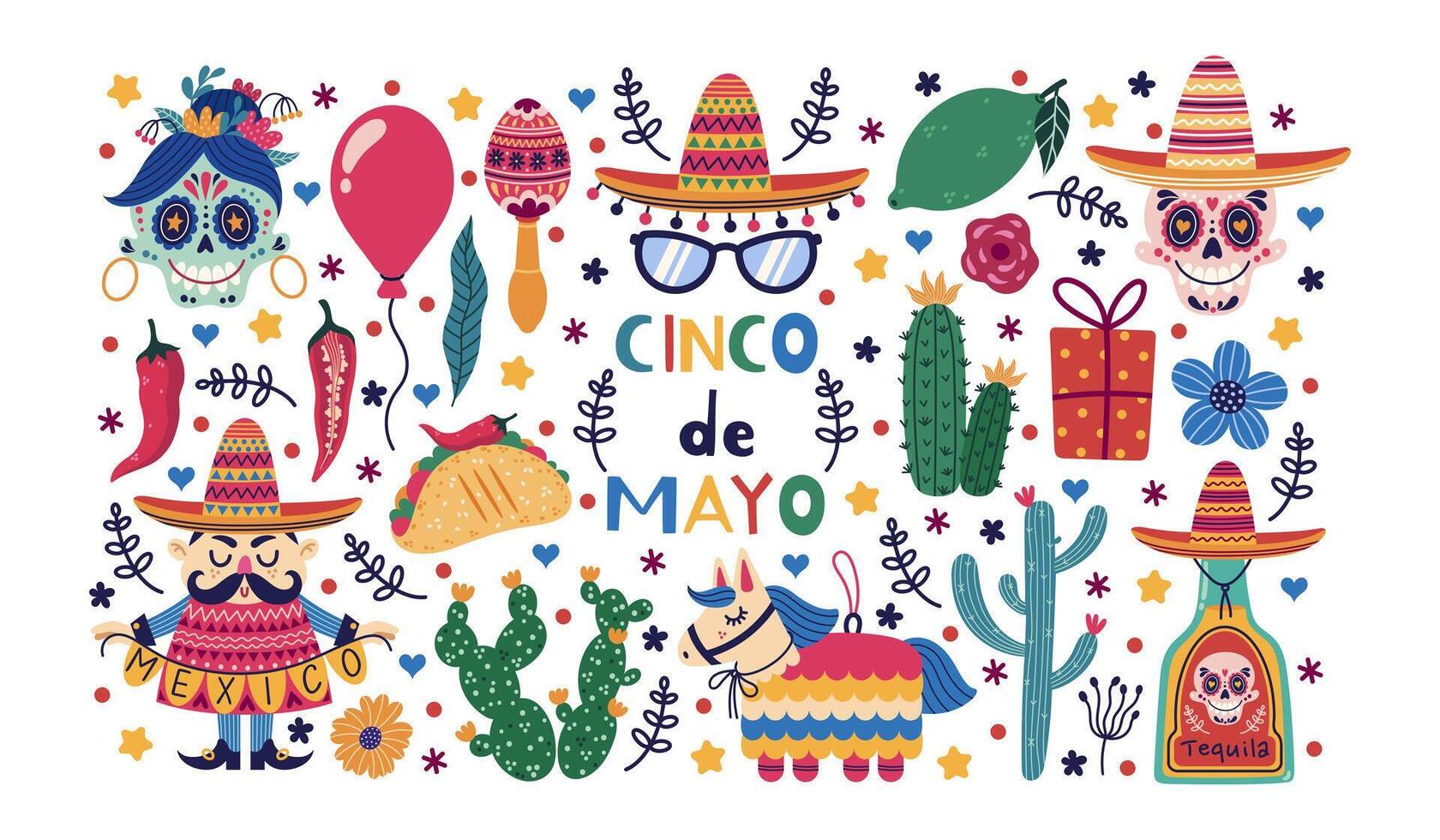 cinco de mayo uppsättning. mexikansk Semester symboler - sombrero, tequila, kalk, pinata, socker skalle, kaktus. man med en festlig krans, maracas, taco. nationell karneval, fiesta. tecknad serie klotter ClipArt vektor