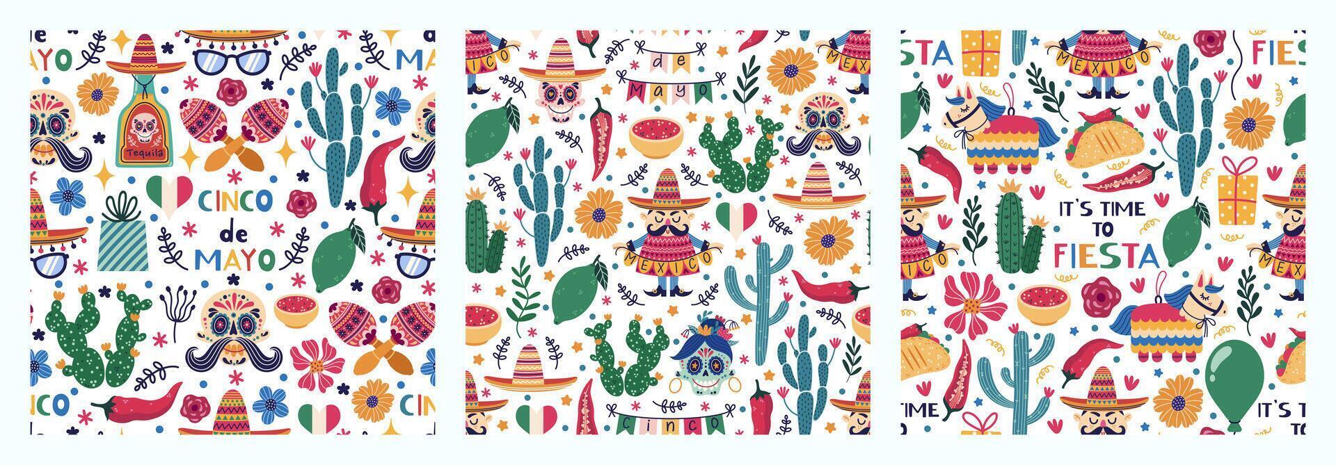 mexico sömlös mönster uppsättning. karneval firande - tequila, kalk, taco, socker skallar, kaktusar, blommor, maracas, pinata, sombrero. fiesta, cinco de mayo Semester på Maj 5:a. tecknad serie bakgrunder vektor