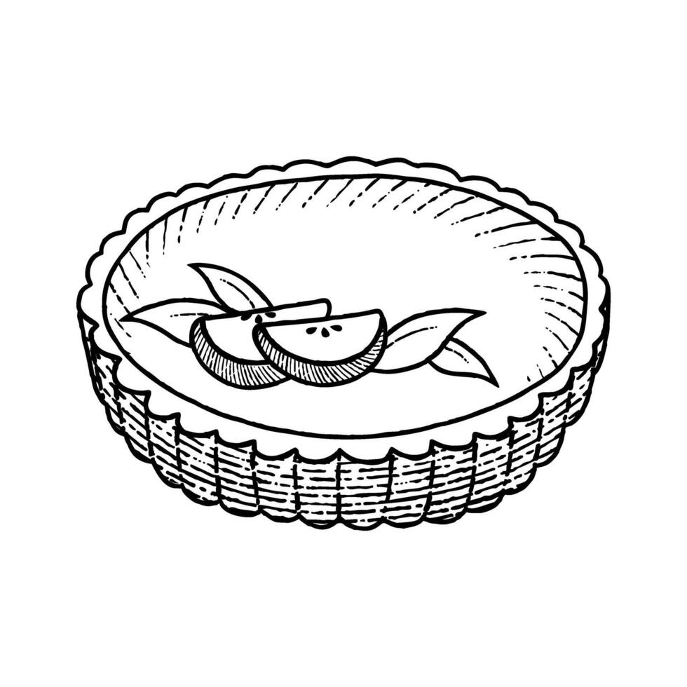 Apfel Kuchen dekoriert mit Apfel Scheiben. Gliederung Essen Symbol. Urlaub Süss Kuchen. Apfel Charlotte. lecker Süss Nachspeisen. Illustration zum Rezept Kochbuch, Banner, Postkarte, Speisekarte. eben Illustration. vektor