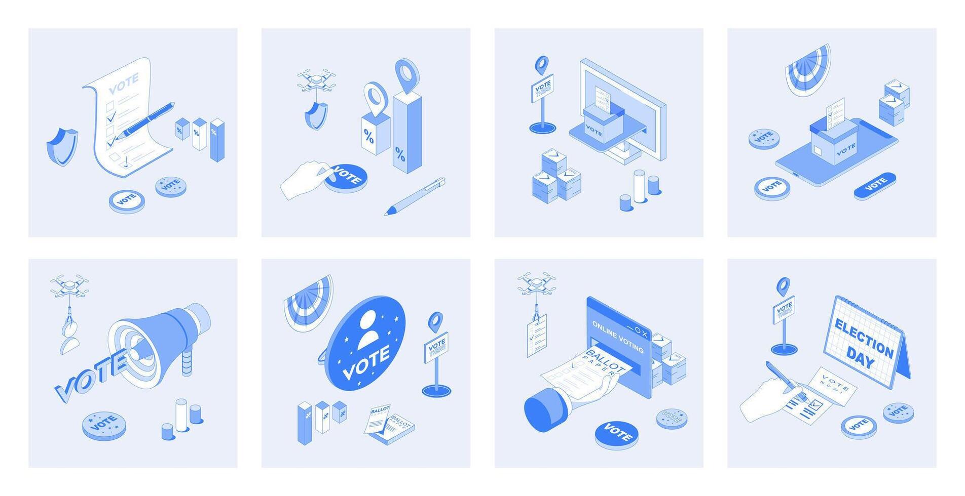 val och röstning 3d isometrisk begrepp uppsättning med isometrisk ikoner design för webb. samling av val rösta former, lådor och uppkopplad systemet, demokratisk val, politisk betyg. illustration vektor