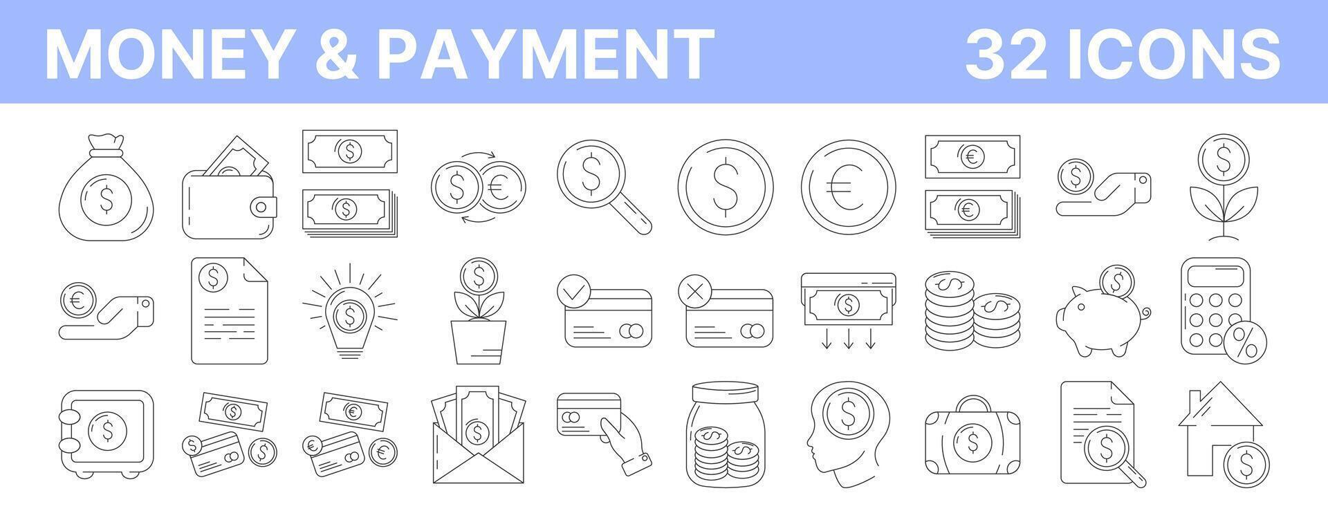 Geld und Zahlung Methoden, Gliederung Symbol Satz. editierbar Schlaganfall. Geschäft und Finanzen linear Sammlung mit Kasse, Münze, Banken, Anerkennung Karte, Austausch, Speichern und Transaktion Symbol. vektor