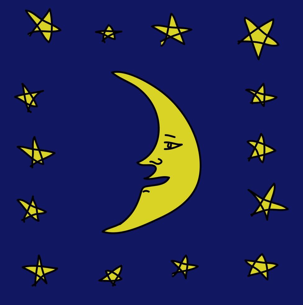 abstrakt illustration dragen i klotter stil i de form av en månad och stjärnor på en blå bakgrund vektor