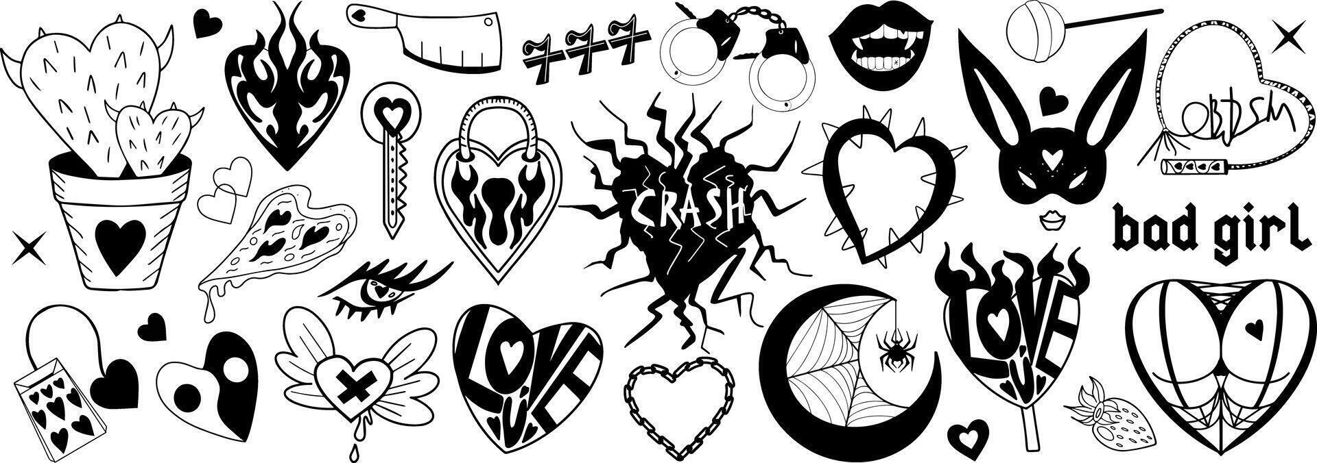 y2k 2000-talet söt emo goth kärlek estetisk klistermärken, tatuering konst element och slogan. svart punk- sten uppsättning. valentines dag. illustration vektor