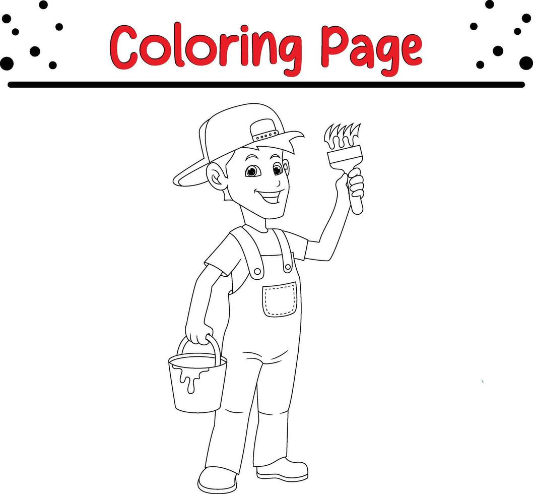 Maler mit Farbe Eimer halten Bürste Färbung Buchseite. Färbung Buch zum Kinder vektor