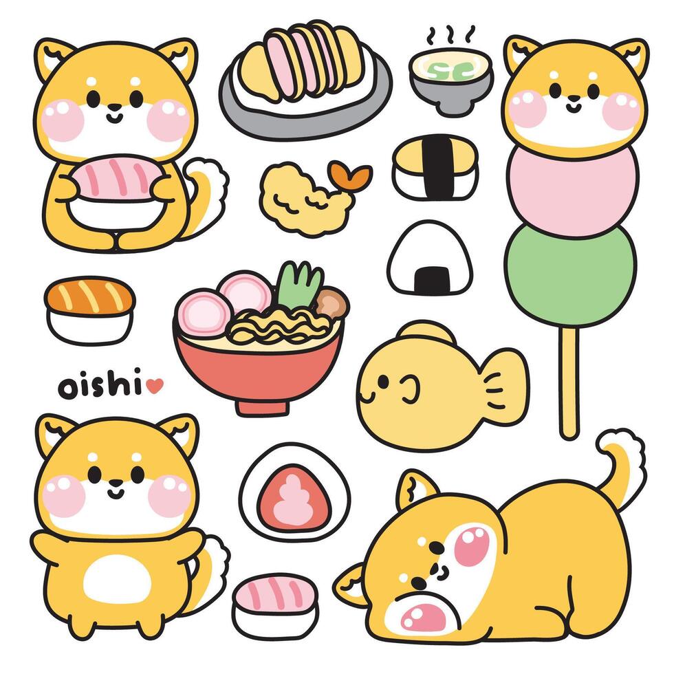 einstellen von süß Shiba inu Hund verschiedene posiert im japanisch Essen und Dessert Konzept.pet Tier Charakter Karikatur design.sushi,ramen,tonkatsu,dango,taiyaki gezeichnet.Kind Grafik.kawaii.Illustration. vektor