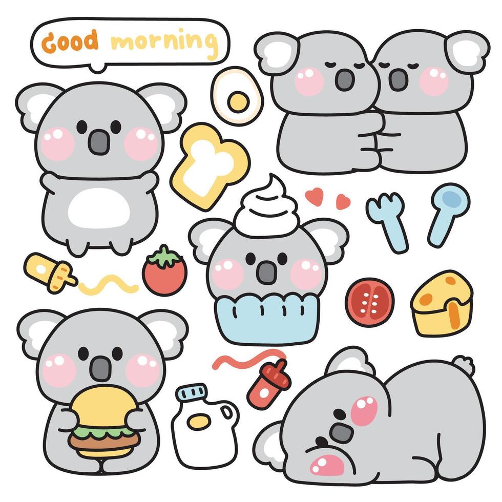 einstellen von süß Koala Bär verschiedene posiert im Frühstück Konzept.wild Tier Charakter Karikatur Design.Brot, Ei, Tomate, Käse, Milch, Hamburger gezeichnet.Kind Grafik.kawaii.Illustration. vektor