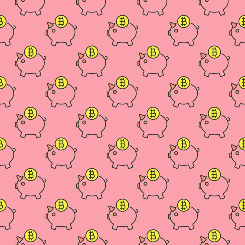 Schweinchen Bank mit Kryptowährung Bitcoin farbig nahtlos Muster vektor