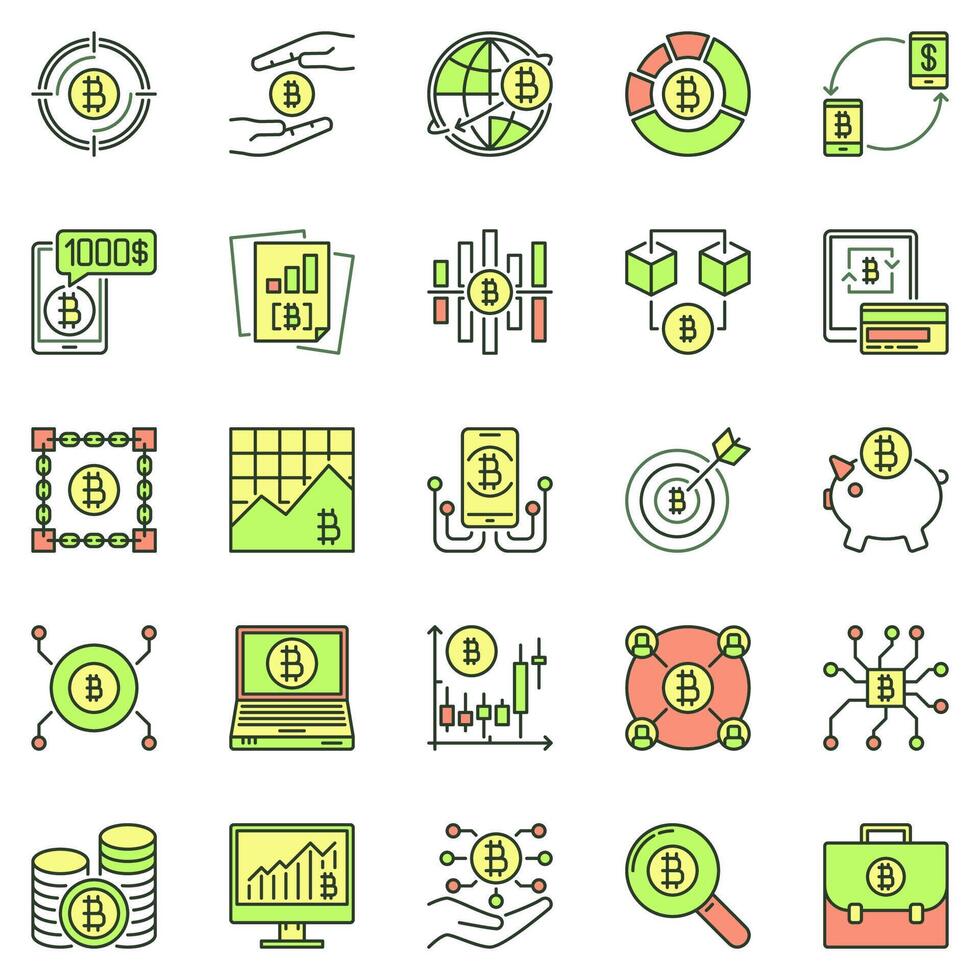 bitcoin och kryptovaluta färgad ikoner uppsättning. crypto teknologi begrepp tecken vektor