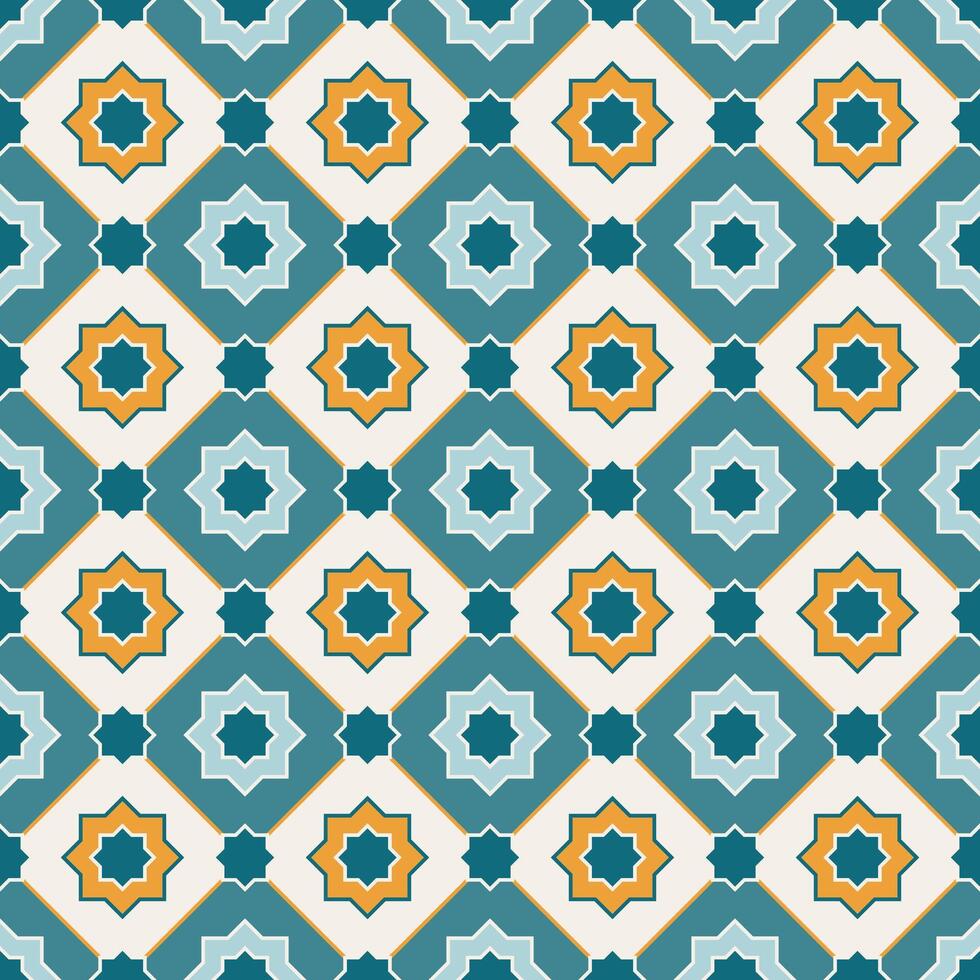 Arabisch geometrisch Mosaik druckbar nahtlos Muster mit abstrakt marokkanisch drucken im Blau und Orange Farben. Ramadan kareem traditionell islamisch Kunst Illustration Hintergrund vektor