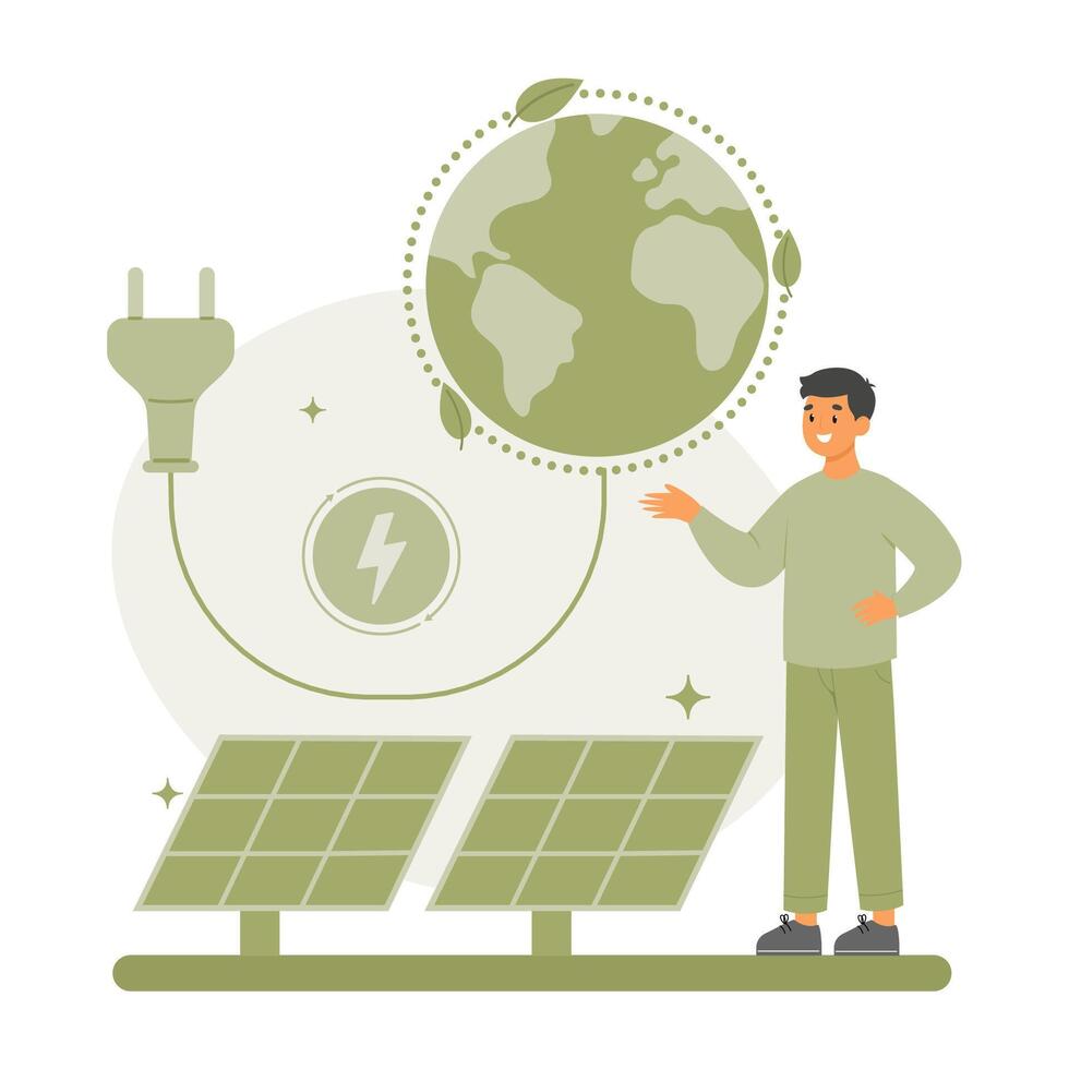 speichern das Erde Konzept. Mann verwenden Solar- Paneele zu machen Elektrizität, Grün Energie vektor