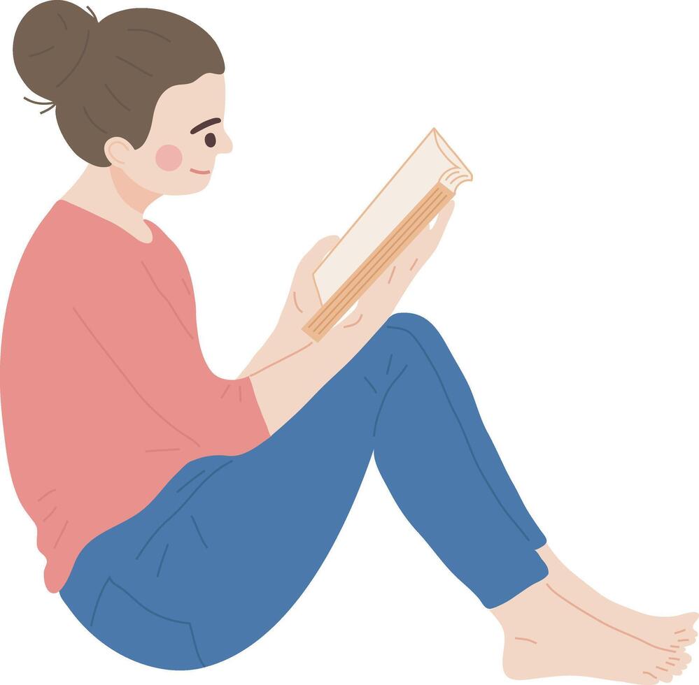 sitta koppla av kvinna studerande läsning bok karaktär illustration grafisk tecknad serie konst vektor