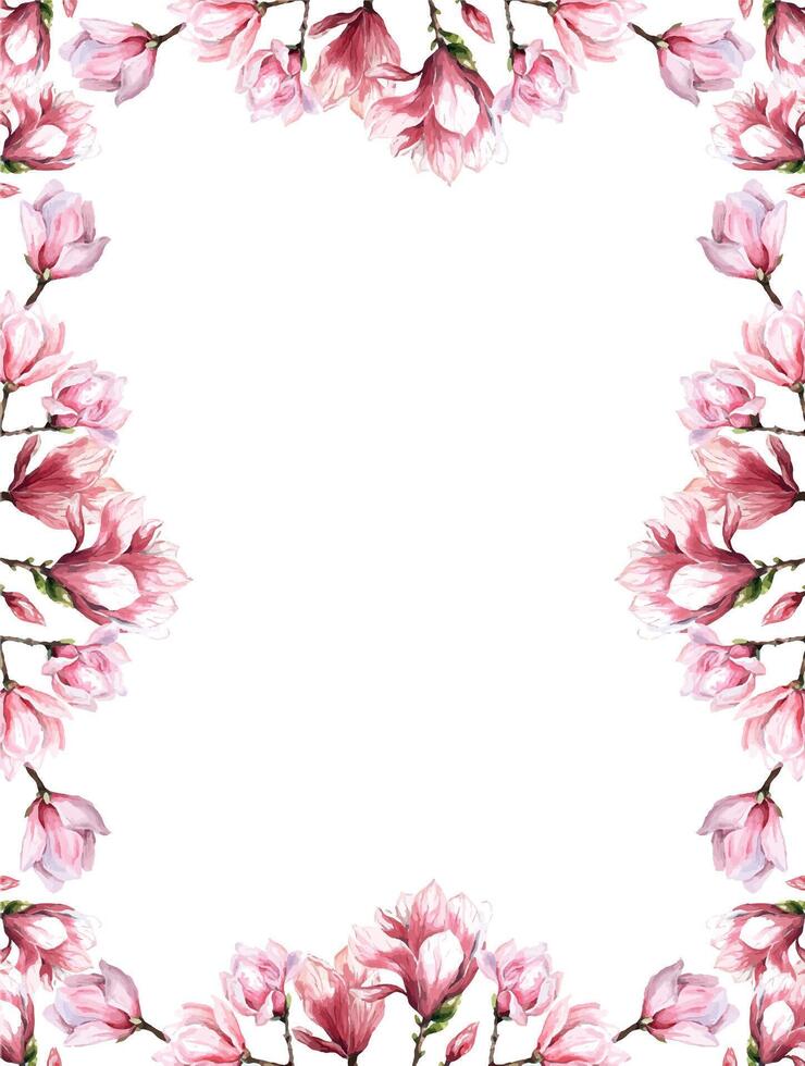 frisch Magnolie Blume botanisch Aquarell Illustration Blumen- Design Blütenblätter Blühen Frühling tropisch Rosa schön Pflanze Rand Hintergrund Vorlage vektor