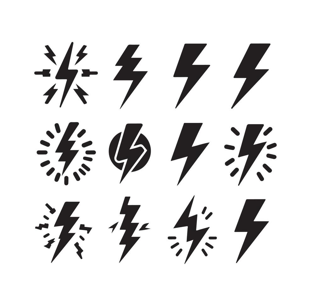 Blitz Bolzen Symbol Illustration einstellen isoliert auf Weiß Hintergrund. schwarz Blitz Symbol, Blitz Illustration. vektor