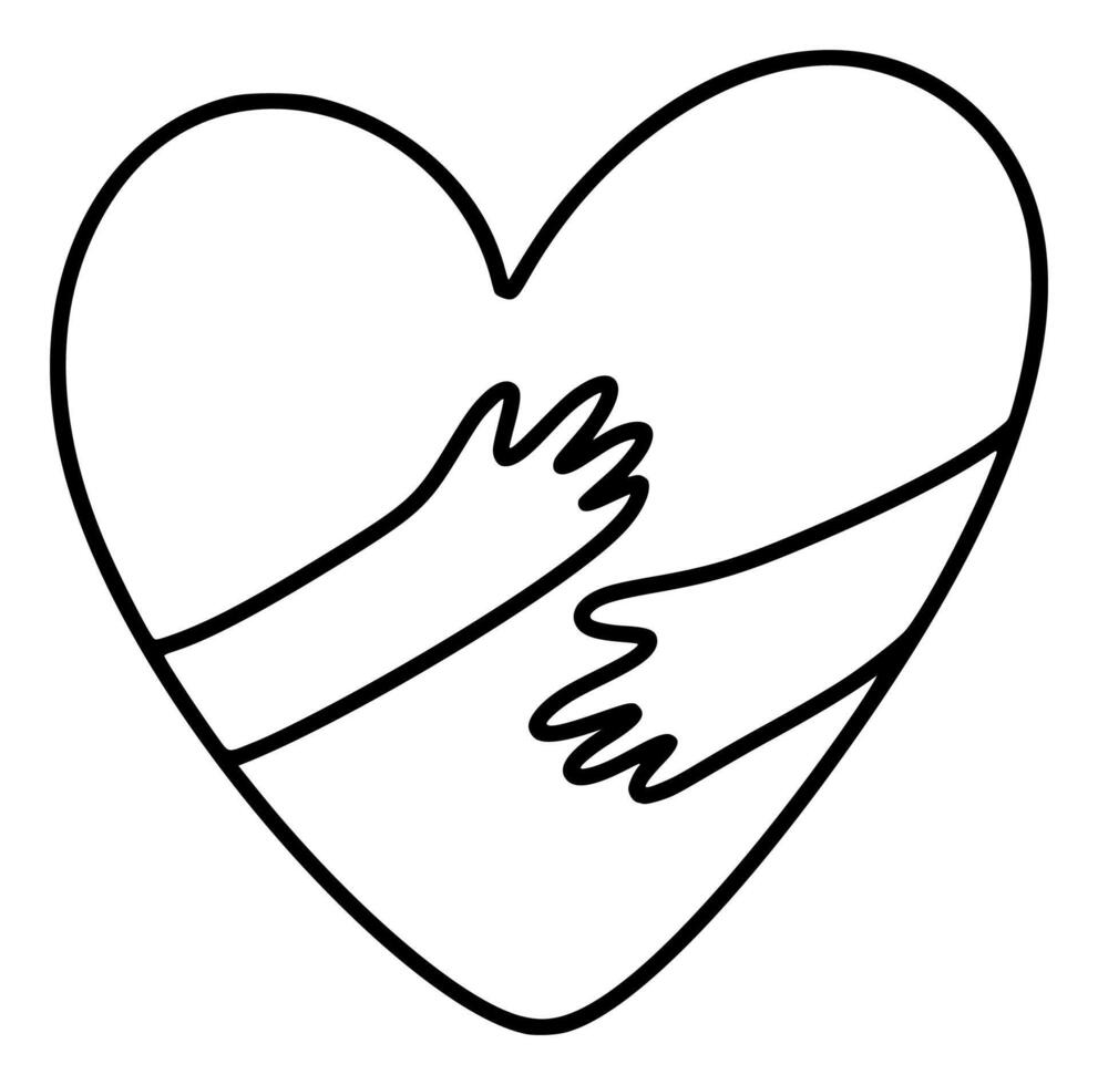 Konzept Umarmung Mann oder Frau Gefühl Liebe Geste. Hand gezeichnet Hände Innerhalb Herz Symbol. Logo Symbol Illustration zum jung Lager, Konferenz, Hochzeit, Freundschaft, Gruß Karte vektor