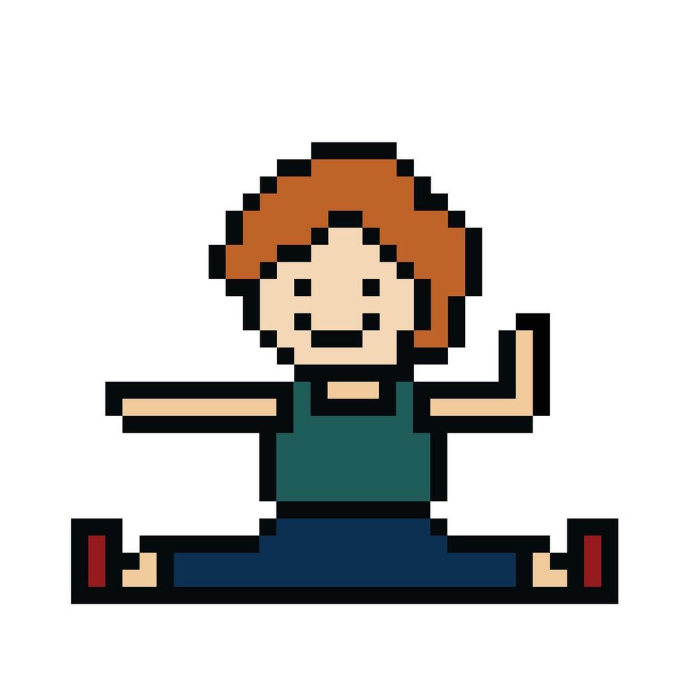 süß Pixel Karikatur 8 Bit Charakter Mann aerob Yoga Übungen Ausbildung Lebensstil Dekoration Leben Stil 8 bisschen männlich Junge Übung Fitnessstudio Yoga Fitness warm Spiel . vektor