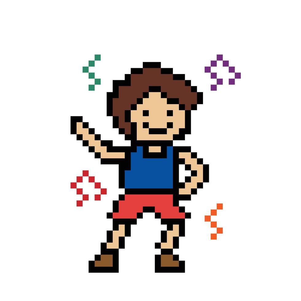 söt pixel tecknad serie 8bit karaktär man övningar Träning dansa livsstil för dekoration liv stil 8 bit manlig pojke dansa med musik notera spel kondition . vektor