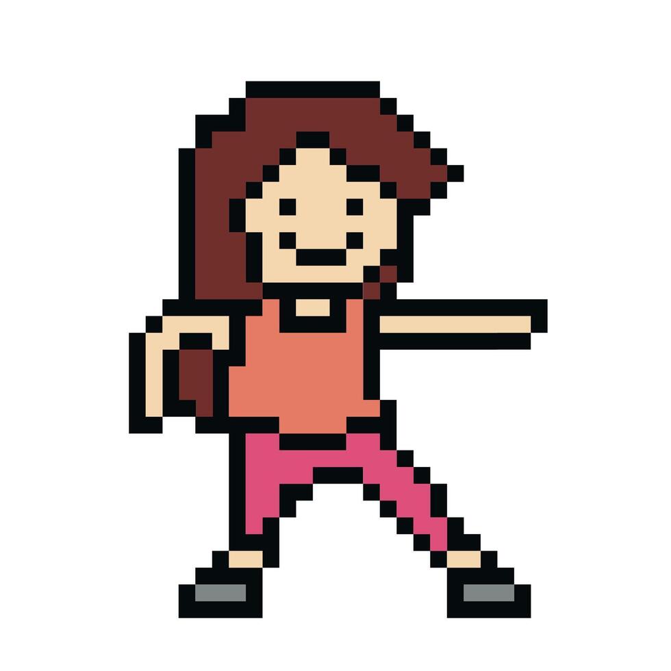 süß Pixel Karikatur 8 Bit Charakter Frau Übungen Ausbildung allein Lebensstil Dekoration Leben Stil 8 bisschen weiblich Mädchen Übung Fitnessstudio Fitness warm oben Spiel Fitness . vektor