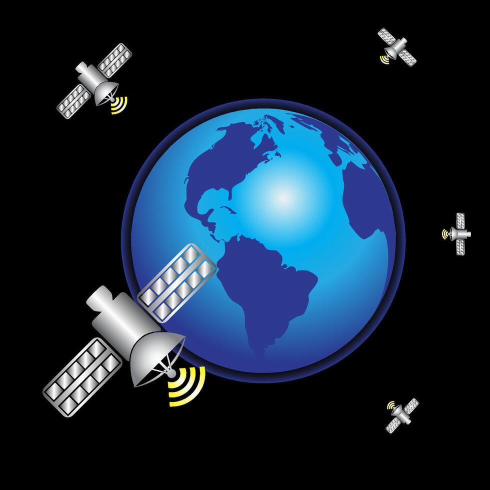 satelliter i bana runt om jorden. global kommunikation ansluta begrepp. 3d. vektor