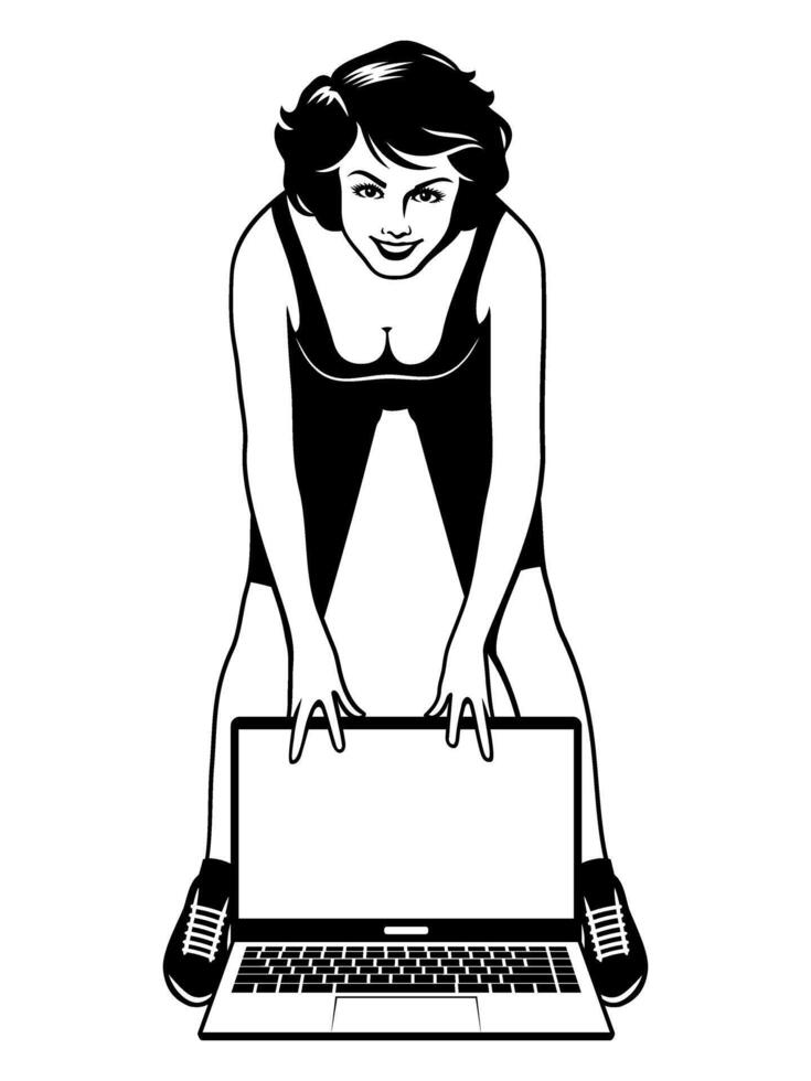 Söt kvinna i aerobics kostym med bärbar dator. ClipArt isolerat på vit. vektor