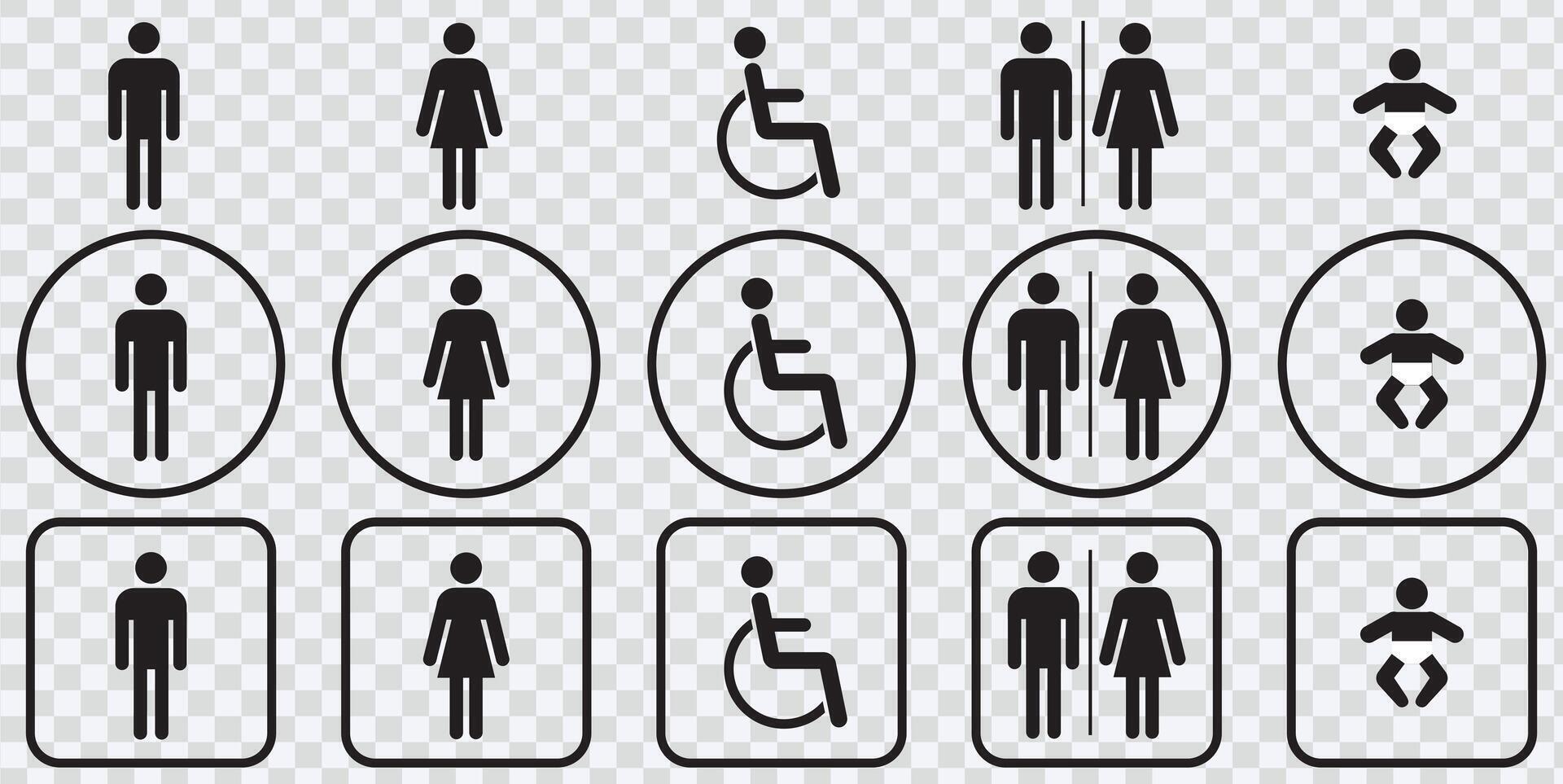 Vielfalt von Toilette Symbole einschließlich männlich, weiblich, Mutter mit Baby, und behindert Silhouetten. Toilette Symbole zum vielfältig braucht. vektor