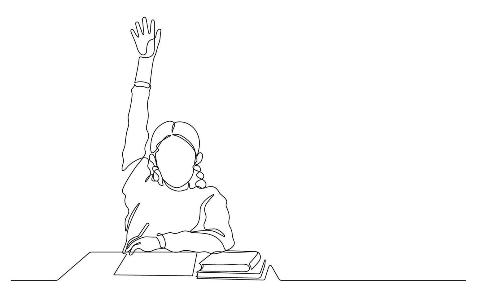 kontinuerlig linje teckning av skola barn höjning hand tunn linje illustration vektor